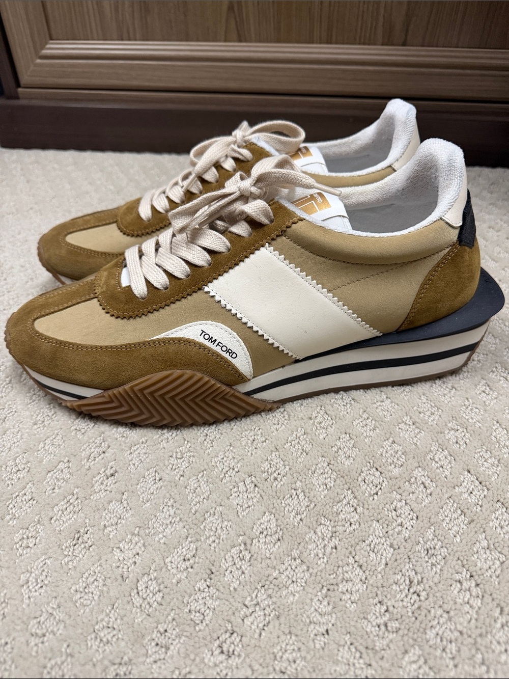 Tom Ford Men’s Tan Suede & Cream Panel Sneakers - Size 12 - Picture 2 of 4